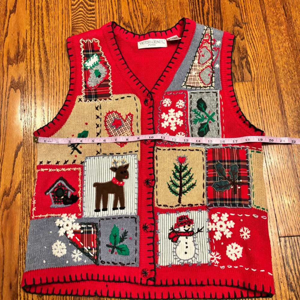 Victoria Jones Vintage 90s Ugly Christmas Sweater Vest Red Patchwork Petite L - Picture 6 of 6
